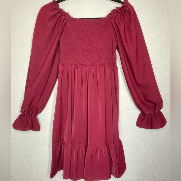 SHEIN Mini Dress Square Smocked Top Babydoll Ruffled Long Sleeve Burgundy Small - Picture 5 of 9